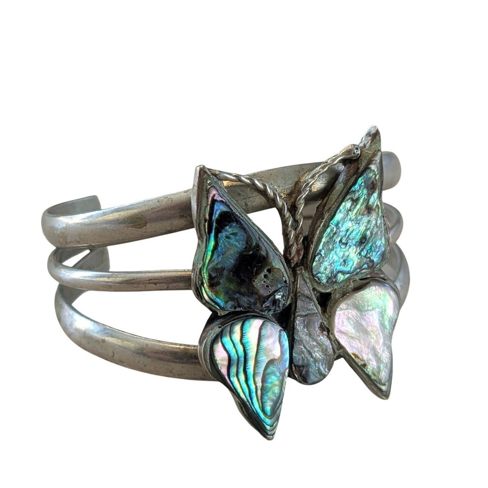 Vintage Mexican Sterling Silver 925 Butterfly Cuff Bracelet Abalone Shell Inlay